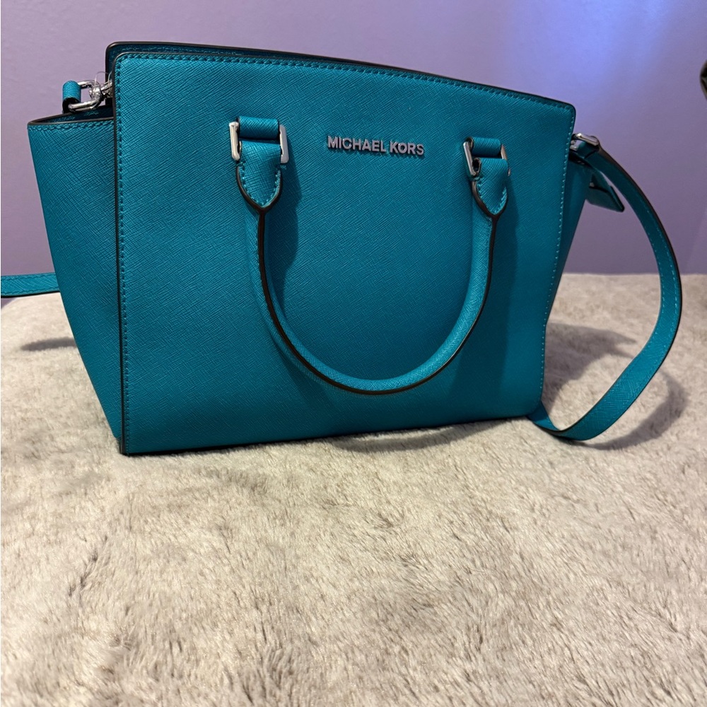 Michael Kors SELMA MD TZ Satchel Aquamarine Saffiano Leather